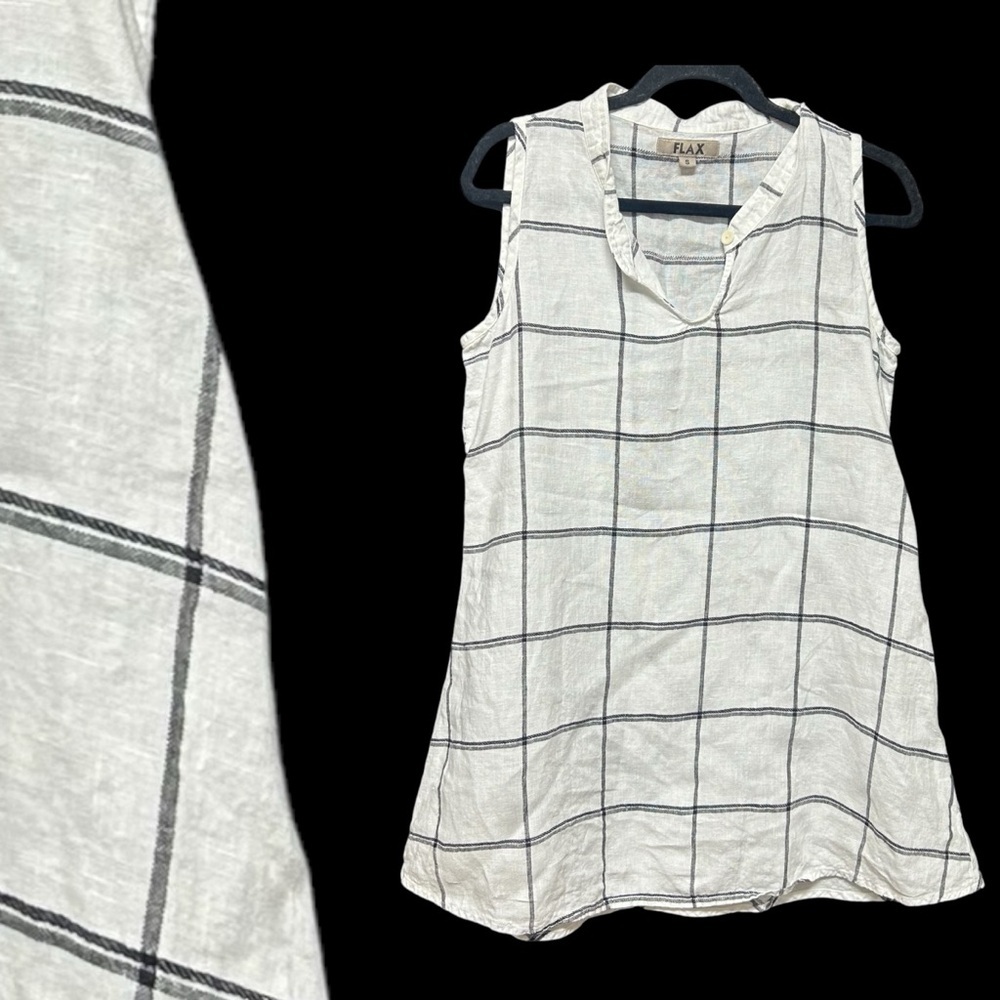 Flax linen white dress gray square print slightly Aline dress small capsule
